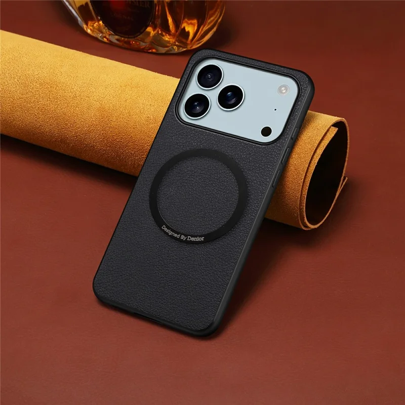 DENIOR A08+1 til iPhone 17 Pro Magnetisk Taske Kalvlæderstruktur + PC + TPU Telefonbeskyttelse - Sort