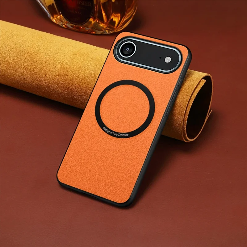 DENIOR A08+1 För iPhone Air Magnetisk Skal Kalvstruktur Läder + PC + TPU Mobilskal - Orange