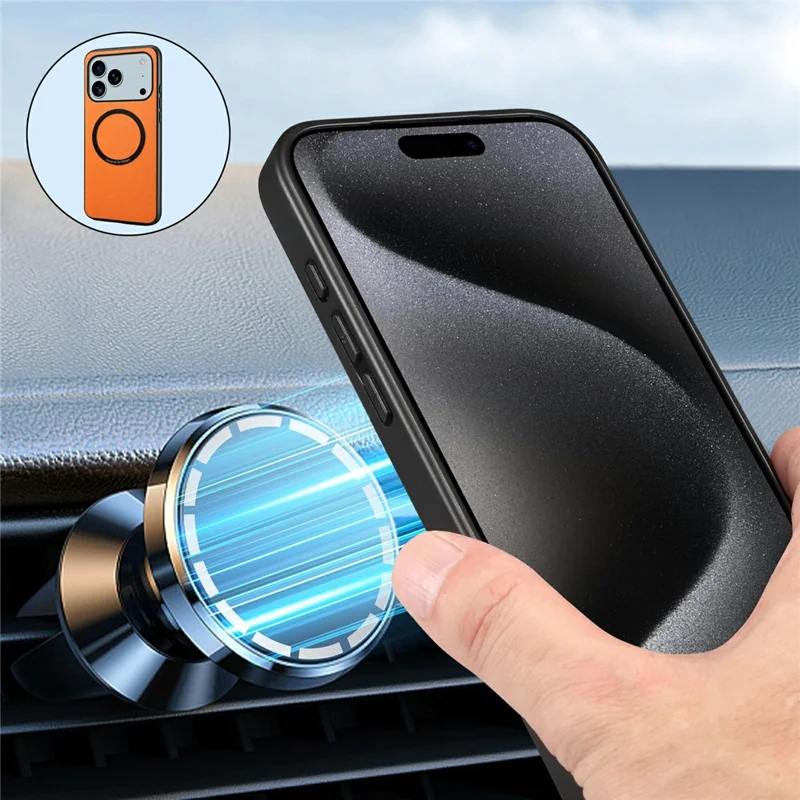 DENIOR A08+1 For iPhone 17 Pro Max Magnetic Case Calf Texture Leather + PC + TPU Phone Cover - Orange