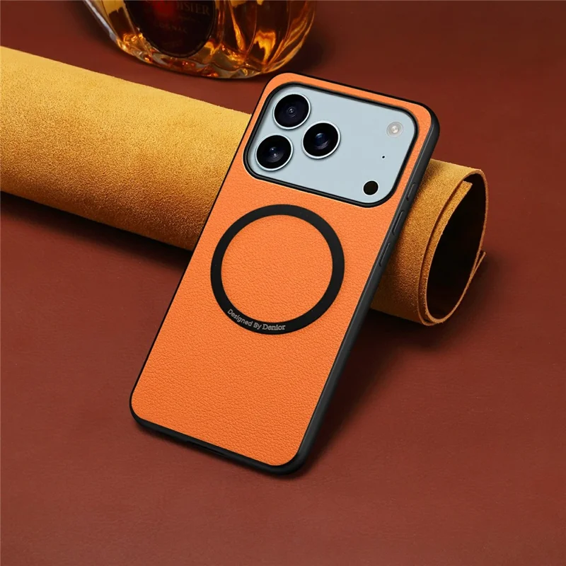 DENIOR A08+1 For iPhone 17 Pro Max Magnetic Case Calf Texture Leather + PC + TPU Phone Cover - Orange