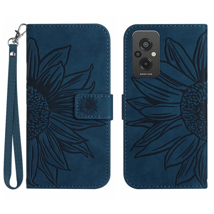 For Xiaomi Redmi 11 Prime 4G HT04 Sunflower Imprinted Wallet Flip Case Skin-Touch PU Leather Stand Magnetic Phone Cover with Hand Strap - Dark Blue