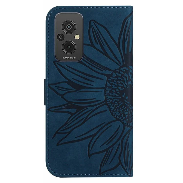 For Xiaomi Redmi 11 Prime 4G HT04 Sunflower Imprinted Wallet Flip Case Skin-Touch PU Leather Stand Magnetic Phone Cover with Hand Strap - Dark Blue