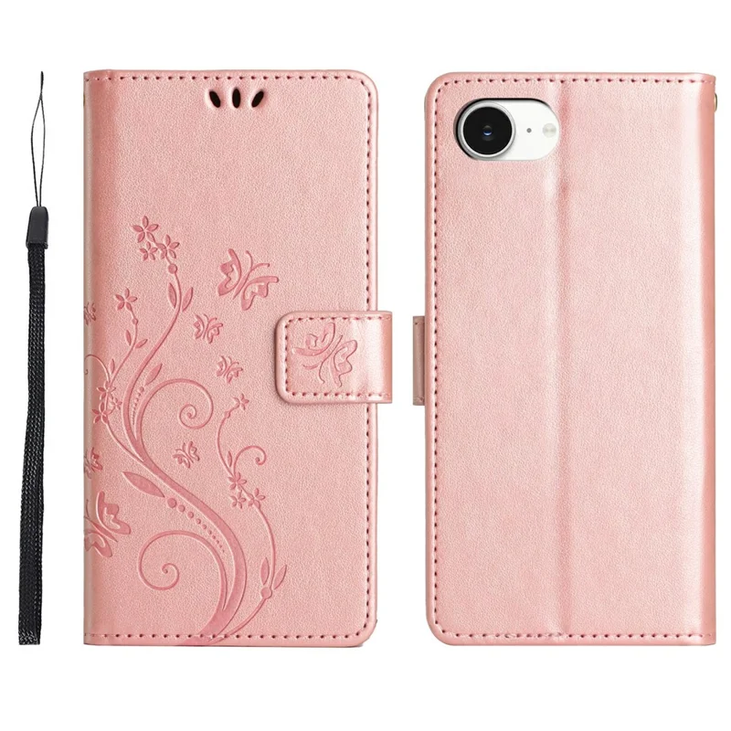 Funda tipo cartera de cuero para iPhone 17e con diseño impreso de mariposa y flor, con correa - Dorado rosa
