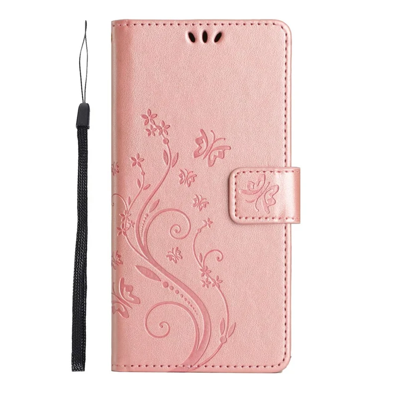 Funda tipo cartera de cuero para iPhone 17e con diseño impreso de mariposa y flor, con correa - Dorado rosa