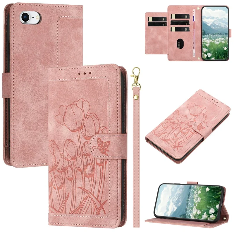 Funda para iPhone 17e, Funda de Cuero con Diseño de Tulipán y 5 Ranuras para Tarjetas, Cartera - Rosa