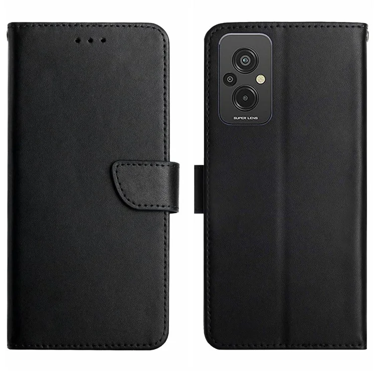 For Xiaomi Redmi 11 Prime 4G HT02 Genuine Leather Magnetic Clasp Nappa Texture Wallet Case with Stand Function Flip Phone Cover Shell - Black