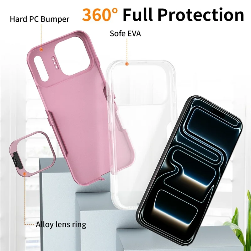 Für iPhone 17 Pro Max Hülle TPU + PC Hybrid-Handyhülle mit Metall-Linsenrahmen-Ständer - Transparent / Rosa