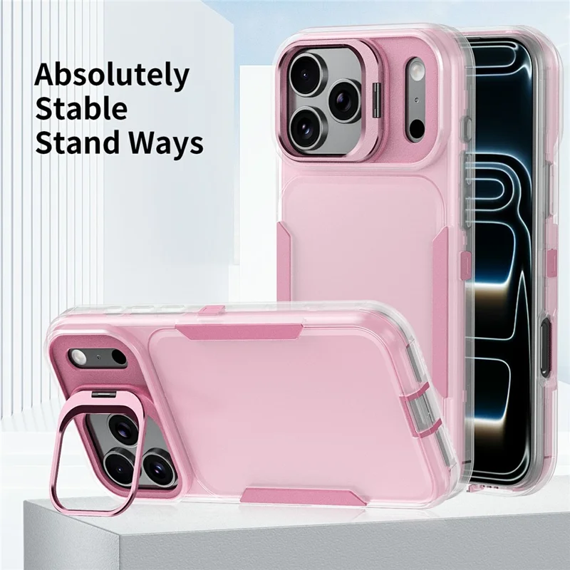 Für iPhone 17 Pro Max Hülle TPU + PC Hybrid-Handyhülle mit Metall-Linsenrahmen-Ständer - Transparent / Rosa