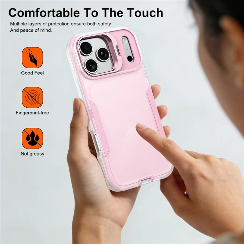 Für iPhone 17 Pro Max Hülle TPU + PC Hybrid-Handyhülle mit Metall-Linsenrahmen-Ständer - Transparent / Rosa