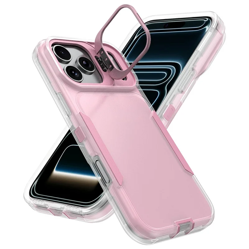 Für iPhone 17 Pro Hülle TPU + PC Hybrid-Handyhülle mit Metall-Linsenrahmen Ständer - Transparent / Rosa