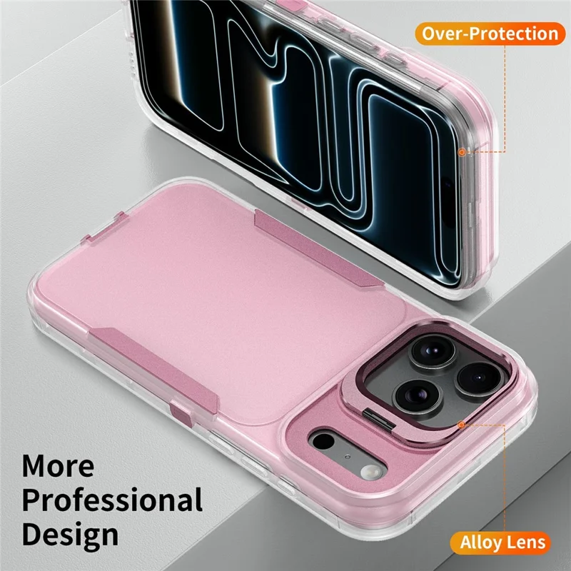 Für iPhone 17 Pro Hülle TPU + PC Hybrid-Handyhülle mit Metall-Linsenrahmen Ständer - Transparent / Rosa