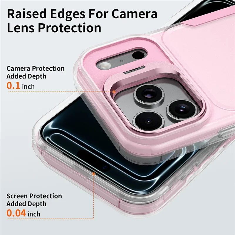 Für iPhone 17 Pro Hülle TPU + PC Hybrid-Handyhülle mit Metall-Linsenrahmen Ständer - Transparent / Rosa