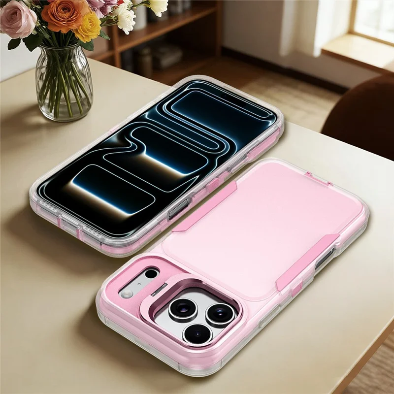 Für iPhone 17 Pro Hülle TPU + PC Hybrid-Handyhülle mit Metall-Linsenrahmen Ständer - Transparent / Rosa