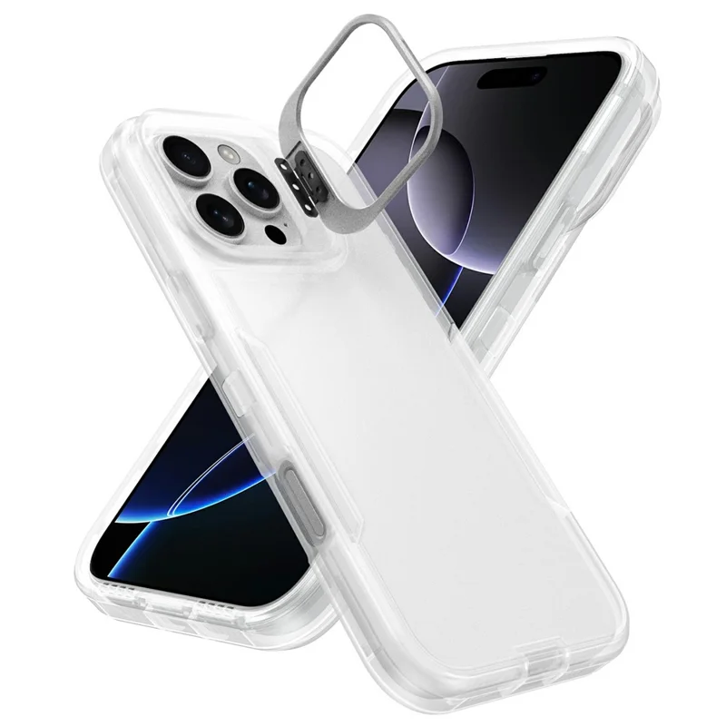For iPhone 16 Pro Max Case TPU + PC Hybrid Phone Cover with Alloy Lens Frame Kickstand - Transparent  /  White