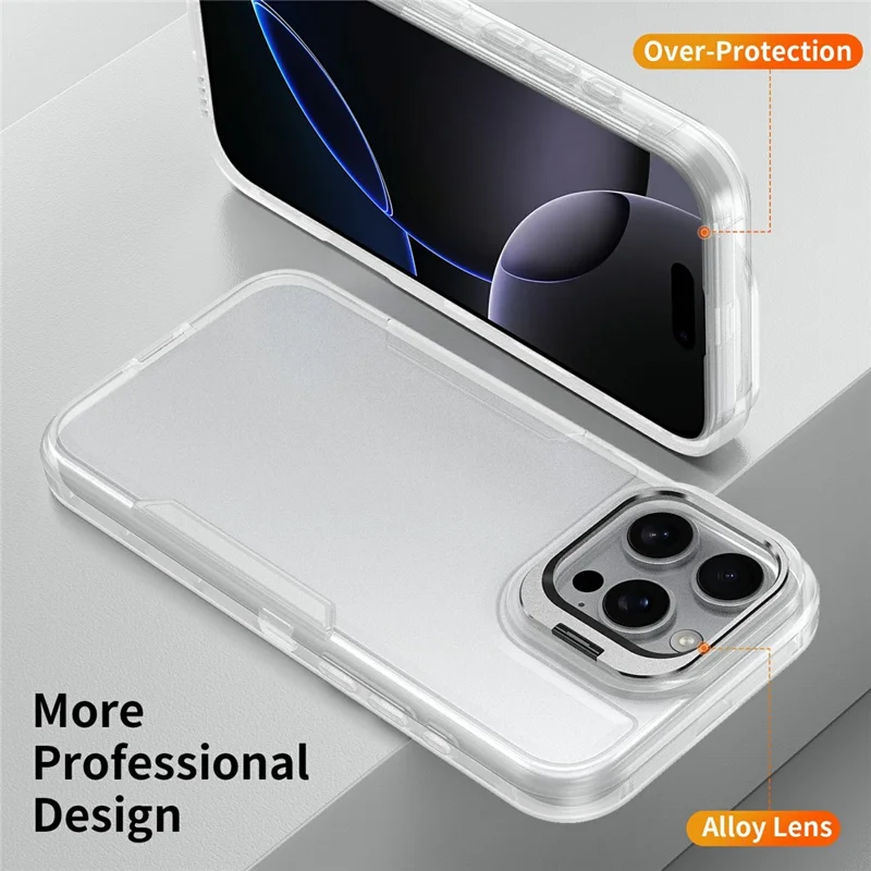 For iPhone 16 Pro Max Case TPU + PC Hybrid Phone Cover with Alloy Lens Frame Kickstand - Transparent  /  White