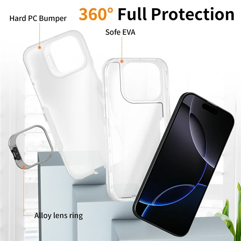 For iPhone 16 Pro Max Case TPU + PC Hybrid Phone Cover with Alloy Lens Frame Kickstand - Transparent  /  White