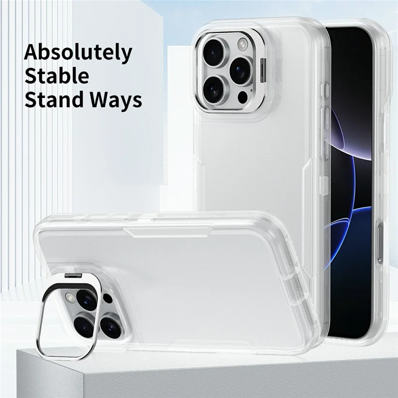 For iPhone 16 Pro Max Case TPU + PC Hybrid Phone Cover with Alloy Lens Frame Kickstand - Transparent  /  White