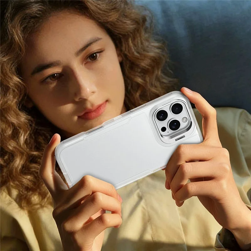 For iPhone 16 Pro Max Case TPU + PC Hybrid Phone Cover with Alloy Lens Frame Kickstand - Transparent  /  White