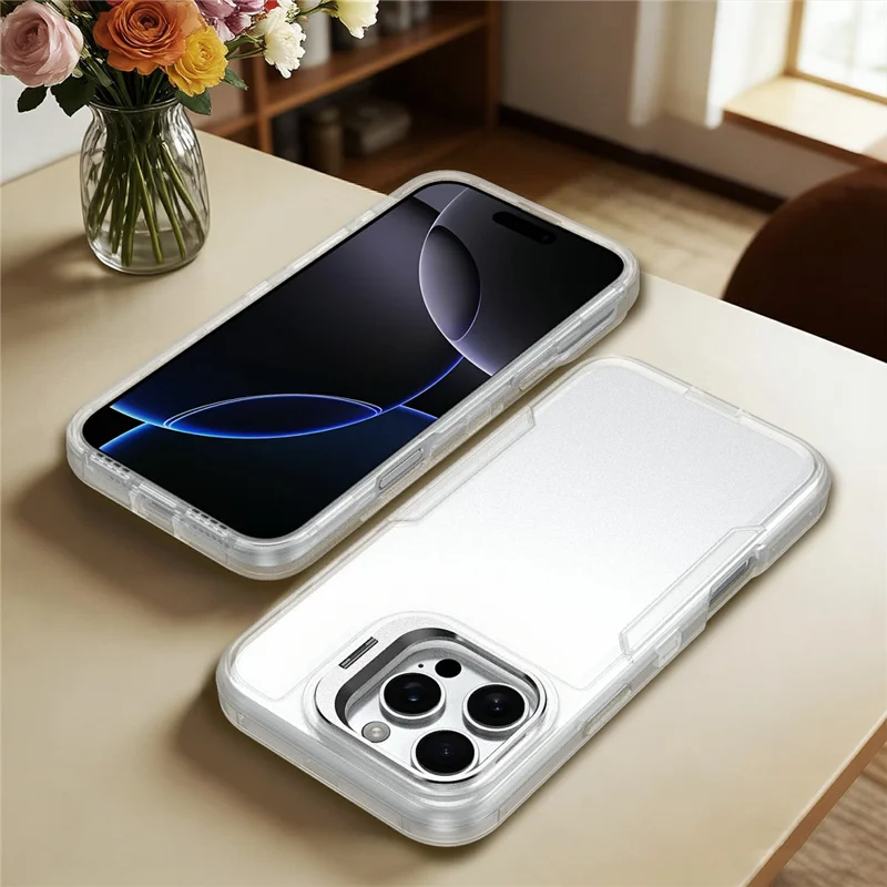 For iPhone 16 Pro Max Case TPU + PC Hybrid Phone Cover with Alloy Lens Frame Kickstand - Transparent  /  White