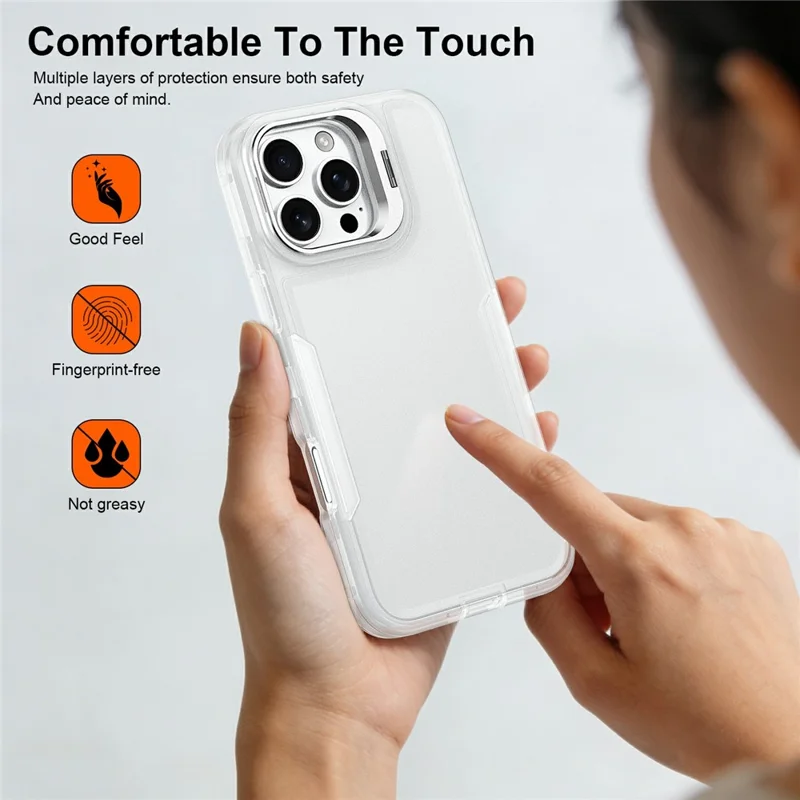 For iPhone 16 Pro Case TPU + PC Hybrid Phone Cover with Alloy Lens Frame Kickstand - Transparent  /  White