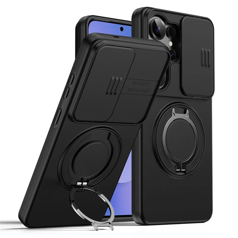 For Samsung Galaxy S25 Ultra Magnetic Case Ring Kickstand Slide Camera Cover TPU PC Hybrid Phone Shell - Black