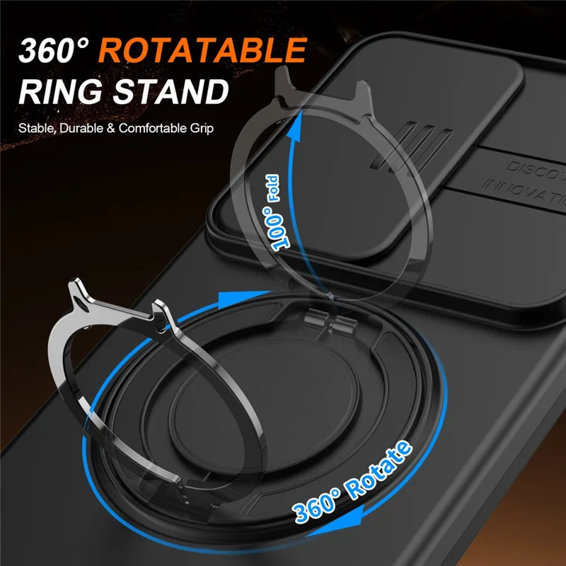 For Samsung Galaxy S25 Ultra Magnetic Case Ring Kickstand Slide Camera Cover TPU PC Hybrid Phone Shell - Black