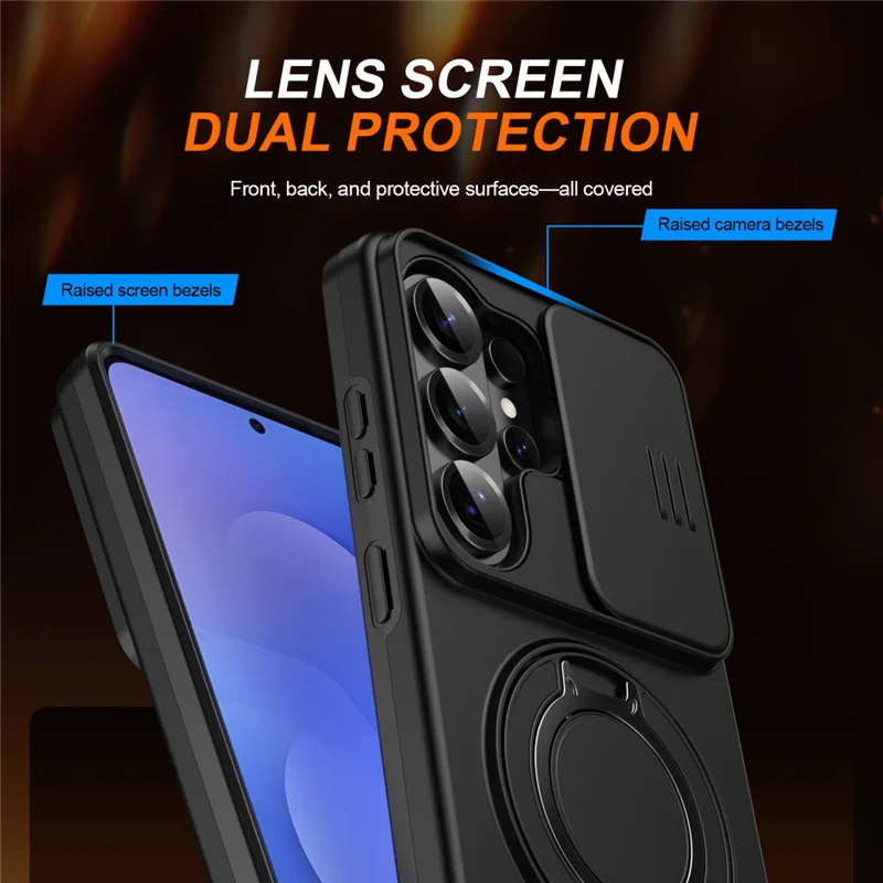 For Samsung Galaxy S25 Ultra Magnetic Case Ring Kickstand Slide Camera Cover TPU PC Hybrid Phone Shell - Black