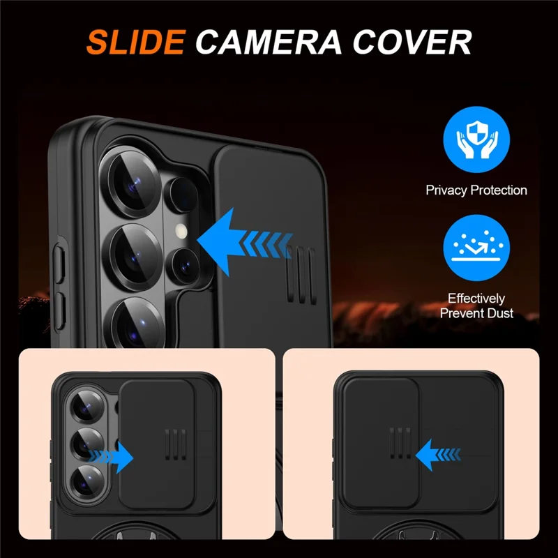 For Samsung Galaxy S25 Ultra Magnetic Case Ring Kickstand Slide Camera Cover TPU PC Hybrid Phone Shell - Black