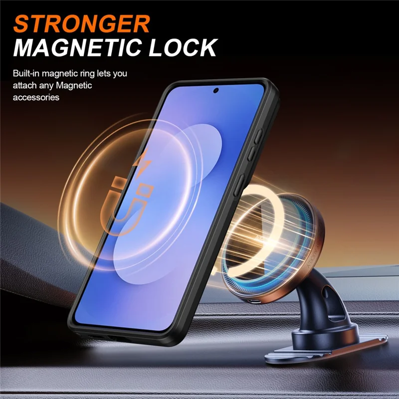 For Samsung Galaxy S25 Ultra Magnetic Case Ring Kickstand Slide Camera Cover TPU PC Hybrid Phone Shell - Black