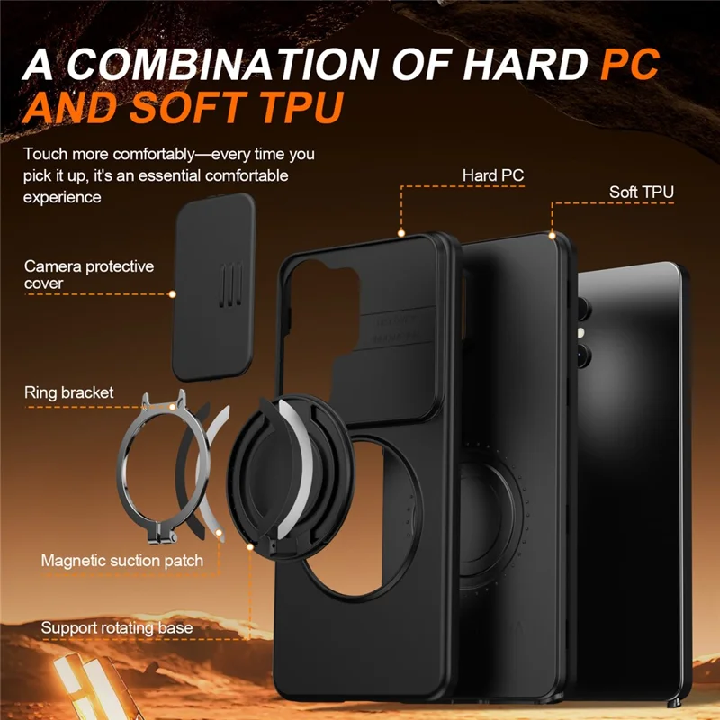 For Samsung Galaxy S25 Ultra Magnetic Case Ring Kickstand Slide Camera Cover TPU PC Hybrid Phone Shell - Black
