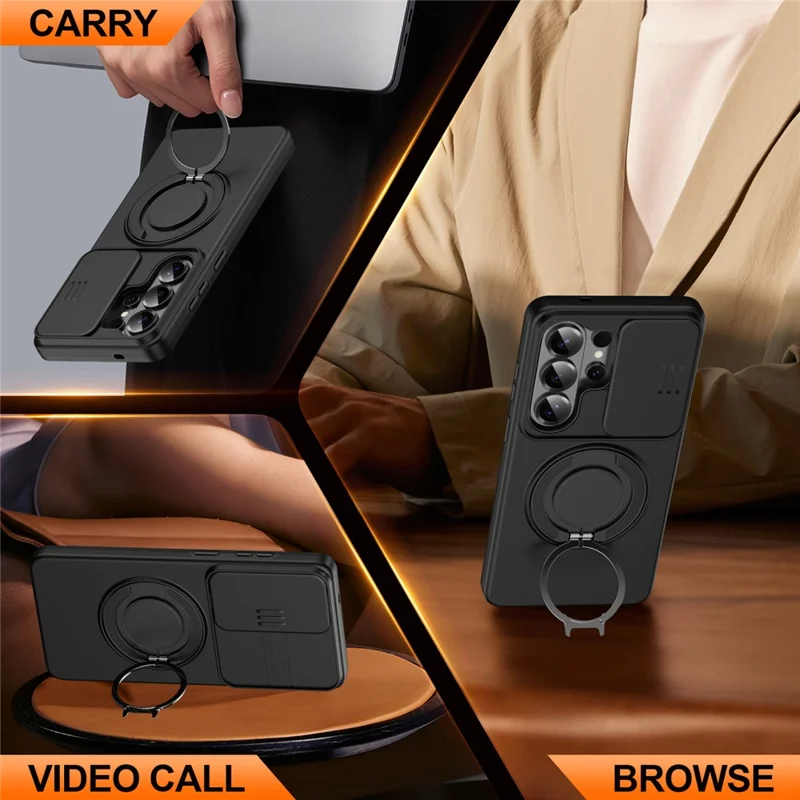 For Samsung Galaxy S25 Ultra Magnetic Case Ring Kickstand Slide Camera Cover TPU PC Hybrid Phone Shell - Black