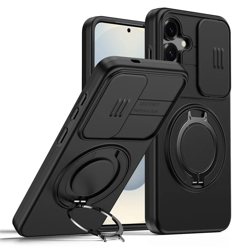 Magnetic Case For Samsung Galaxy S25+  /  S24+ Ring Kickstand Slide Camera Cover TPU PC Hybrid Phone Shell - Black