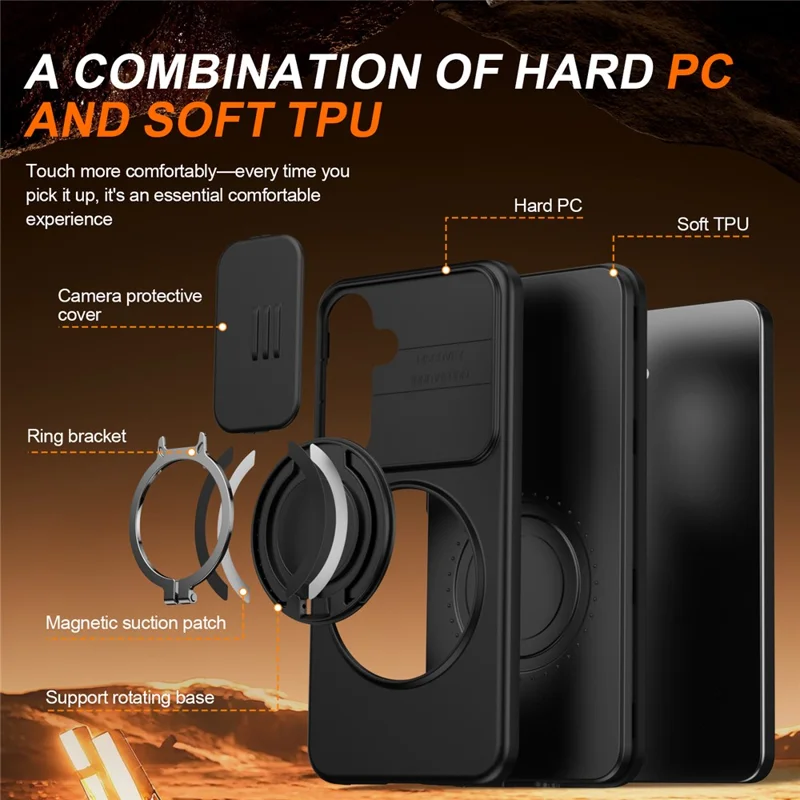 Magnetic Case For Samsung Galaxy S25+  /  S24+ Ring Kickstand Slide Camera Cover TPU PC Hybrid Phone Shell - Black