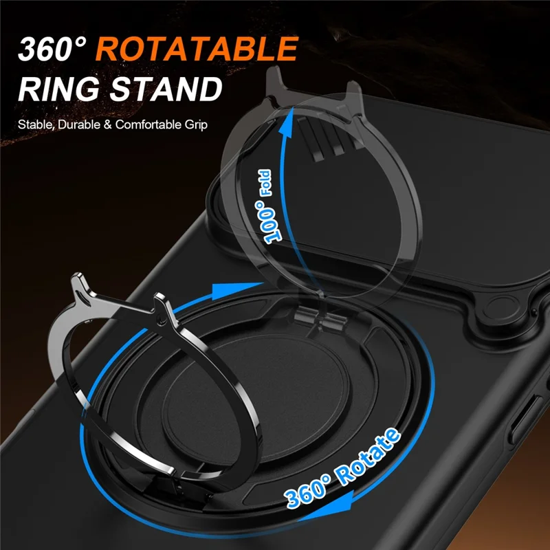 For iPhone 17 Pro Max Magnetic Case Ring Kickstand Slide Camera Cover TPU PC Hybrid Phone Shell - Black