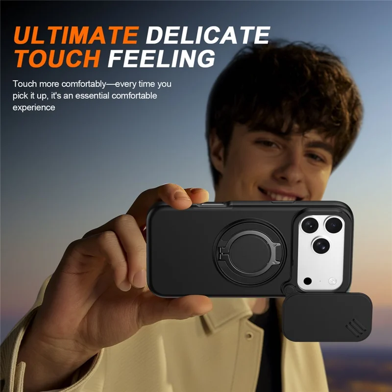 For iPhone 17 Pro Max Magnetic Case Ring Kickstand Slide Camera Cover TPU PC Hybrid Phone Shell - Black