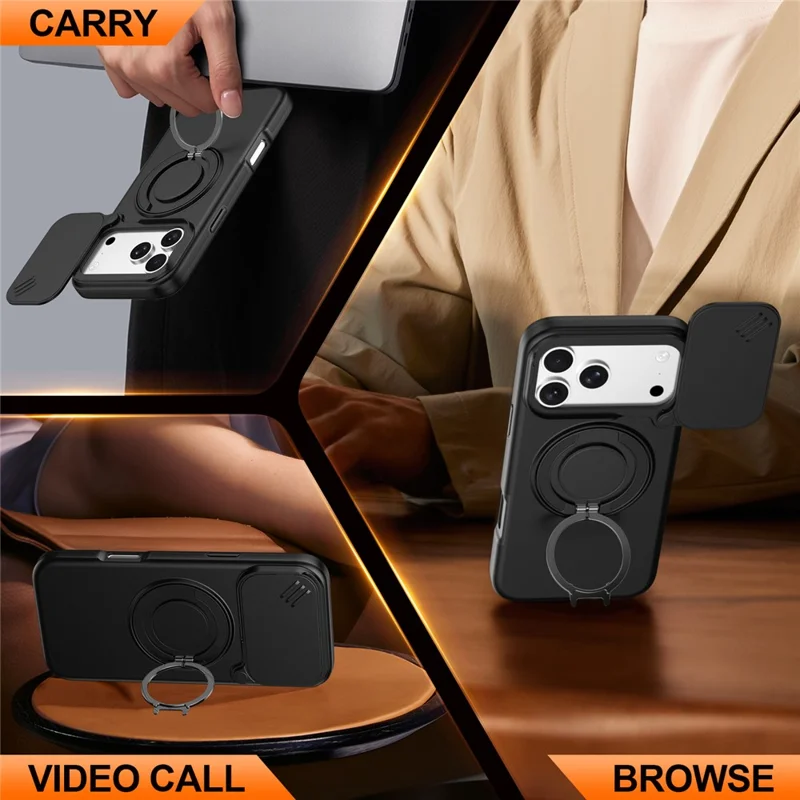 For iPhone 17 Pro Max Magnetic Case Ring Kickstand Slide Camera Cover TPU PC Hybrid Phone Shell - Black