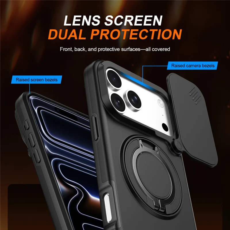 Capa Híbrida para iPhone 17 Pro com Anel Magnético, Suporte Basculante e Cobertura Deslizante para Câmara - Preto