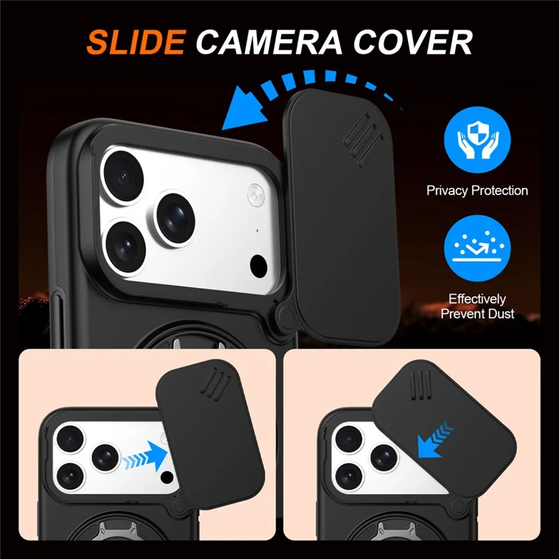 Capa Híbrida para iPhone 17 Pro com Anel Magnético, Suporte Basculante e Cobertura Deslizante para Câmara - Preto