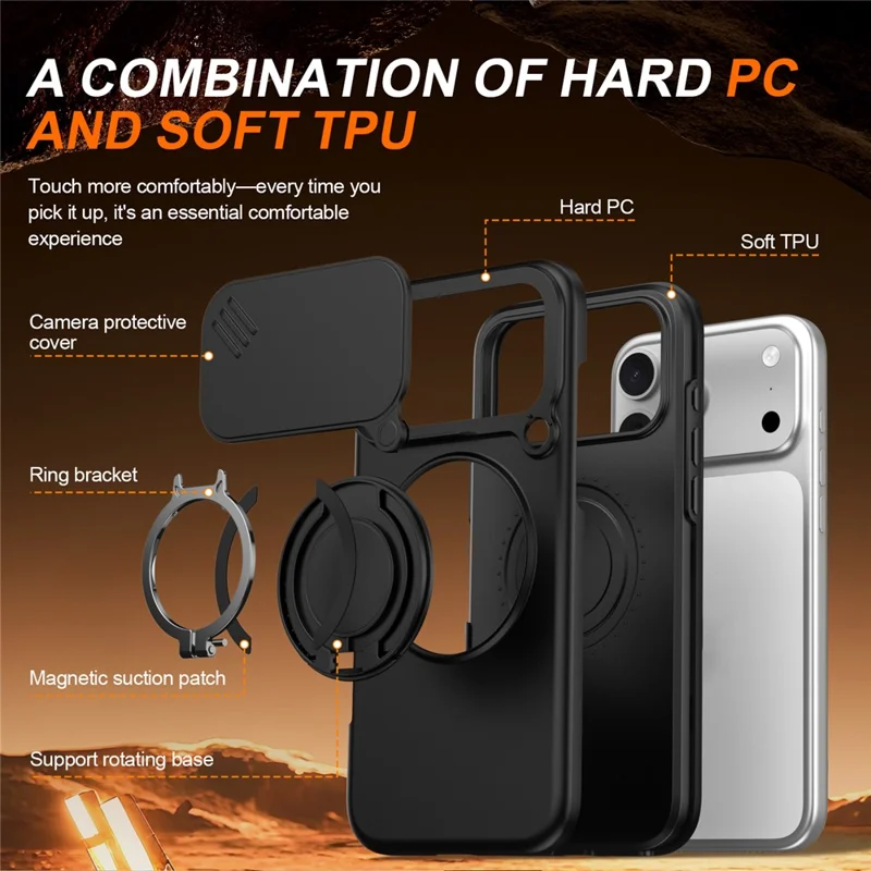 Capa Híbrida para iPhone 17 Pro com Anel Magnético, Suporte Basculante e Cobertura Deslizante para Câmara - Preto