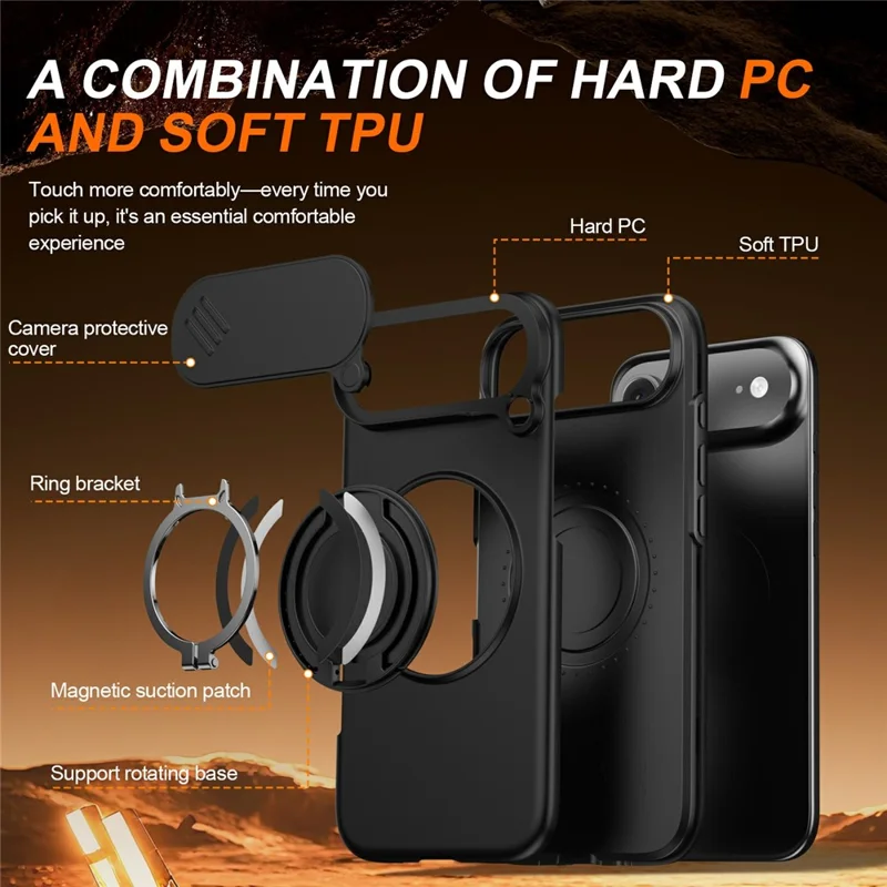 Magnetisk skalkrängelställ för iPhone Air med glidande kameraskydd, TPU PC hybridhölje - Svart