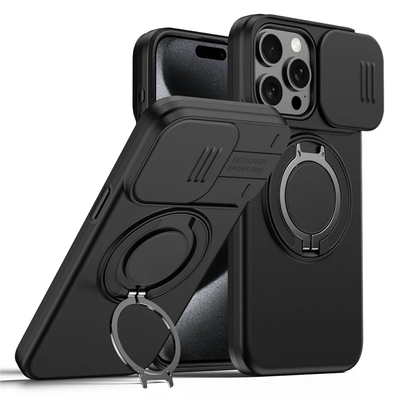Funda magnética con anillo soporte giratorio y cubierta deslizante para cámara para iPhone 15 Pro Max, carcasa híbrida de TPU y PC - Negro