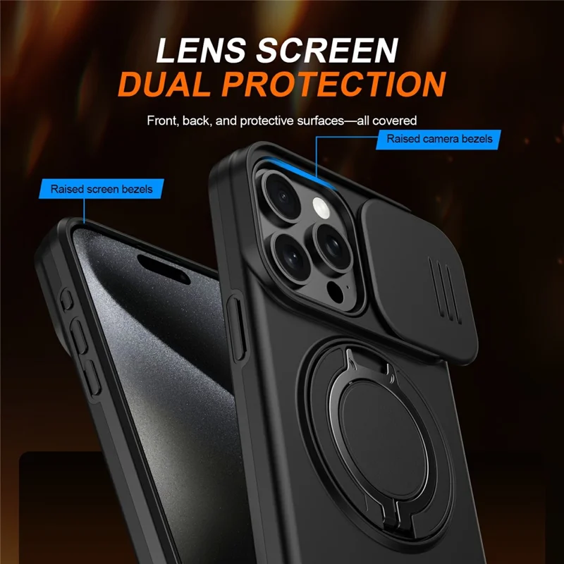Funda magnética con anillo soporte giratorio y cubierta deslizante para cámara para iPhone 15 Pro Max, carcasa híbrida de TPU y PC - Negro