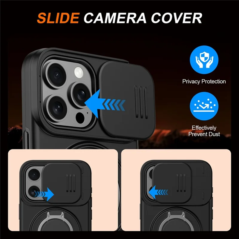 Funda magnética con anillo soporte giratorio y cubierta deslizante para cámara para iPhone 15 Pro Max, carcasa híbrida de TPU y PC - Negro