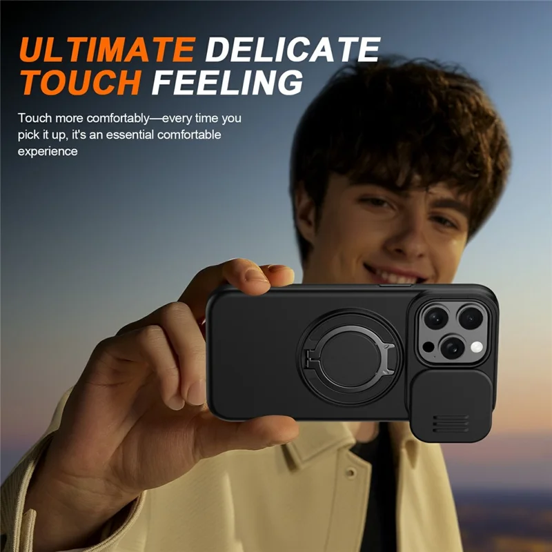 Funda magnética con anillo soporte giratorio y cubierta deslizante para cámara para iPhone 15 Pro Max, carcasa híbrida de TPU y PC - Negro