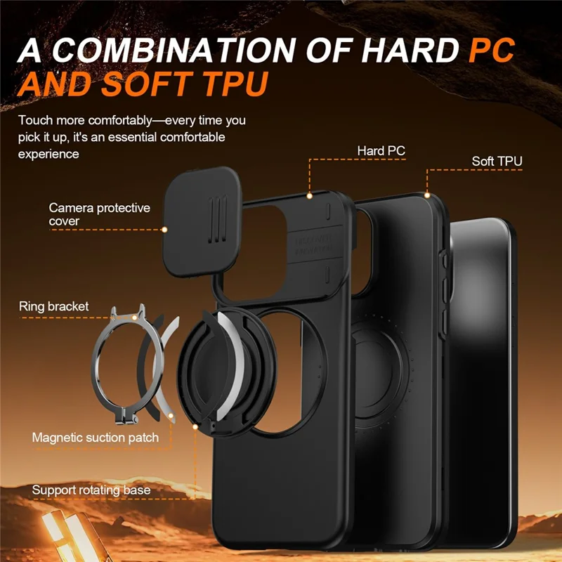 Funda magnética con anillo soporte giratorio y cubierta deslizante para cámara para iPhone 15 Pro Max, carcasa híbrida de TPU y PC - Negro