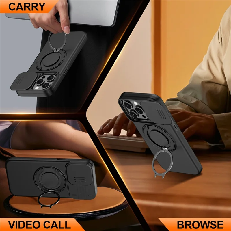 Funda magnética con anillo soporte giratorio y cubierta deslizante para cámara para iPhone 15 Pro Max, carcasa híbrida de TPU y PC - Negro