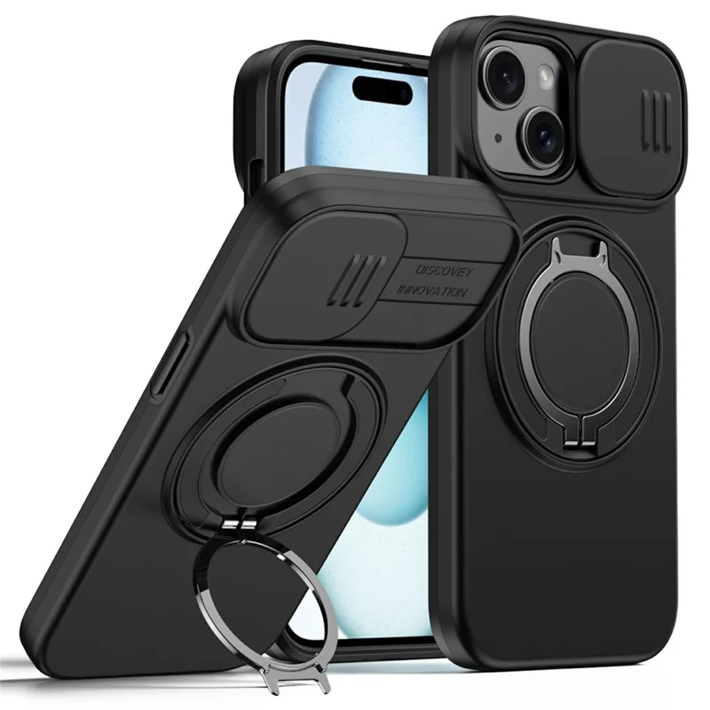 Magnetic Case For iPhone 15 Plus  /  14 Plus Ring Kickstand Slide Camera Cover TPU PC Hybrid Phone Shell - Black