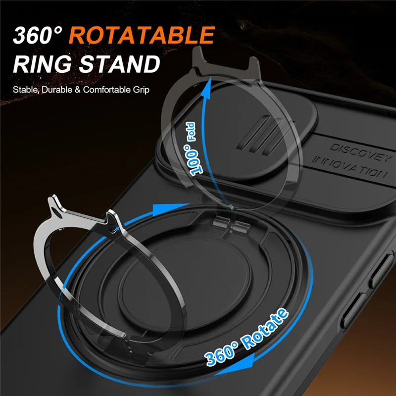 Magnetic Case For iPhone 15 Plus  /  14 Plus Ring Kickstand Slide Camera Cover TPU PC Hybrid Phone Shell - Black