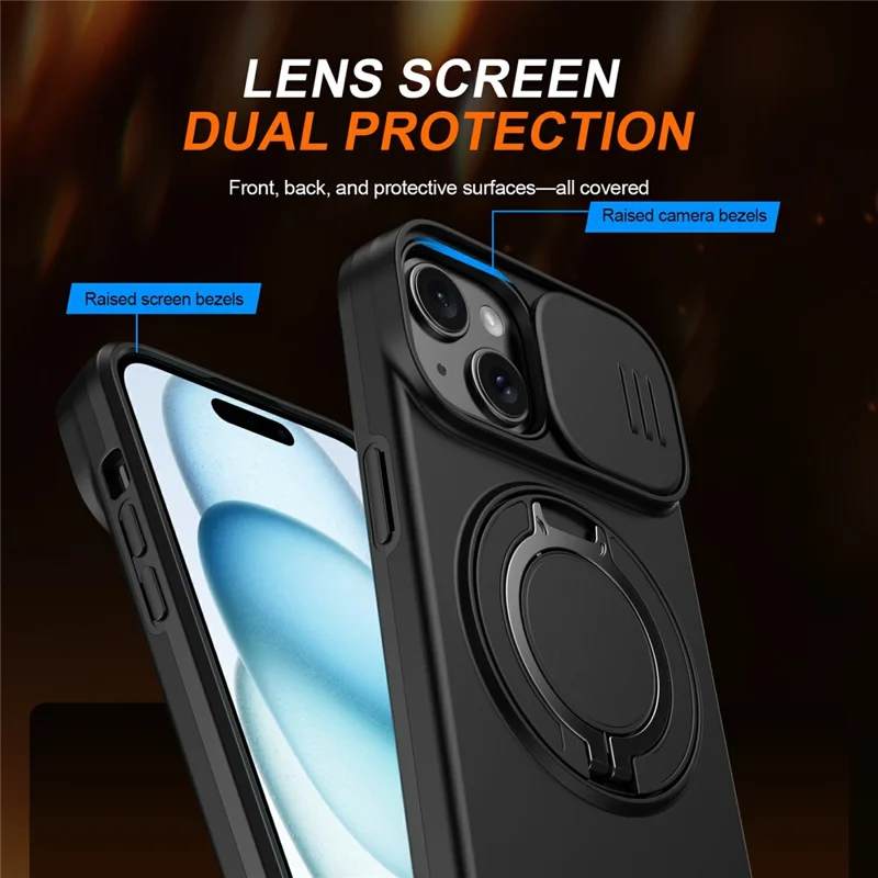 Magnetic Case For iPhone 15 Plus  /  14 Plus Ring Kickstand Slide Camera Cover TPU PC Hybrid Phone Shell - Black