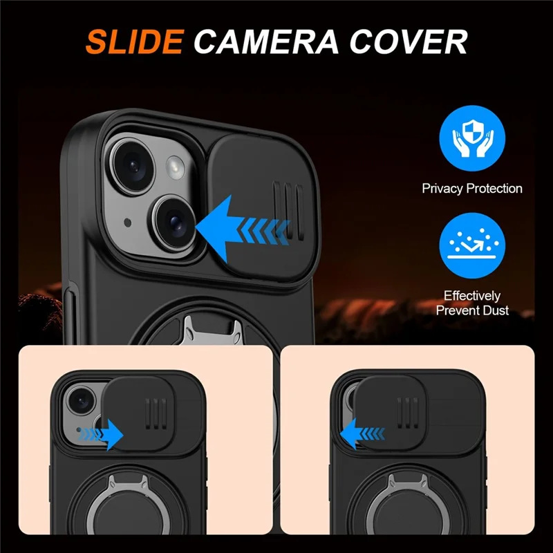 Magnetic Case For iPhone 15 Plus  /  14 Plus Ring Kickstand Slide Camera Cover TPU PC Hybrid Phone Shell - Black